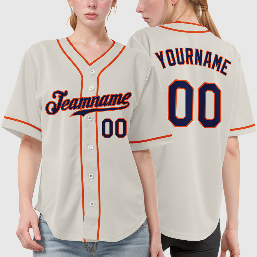Custom Cream Navy Orange Piping Baseball Jersey