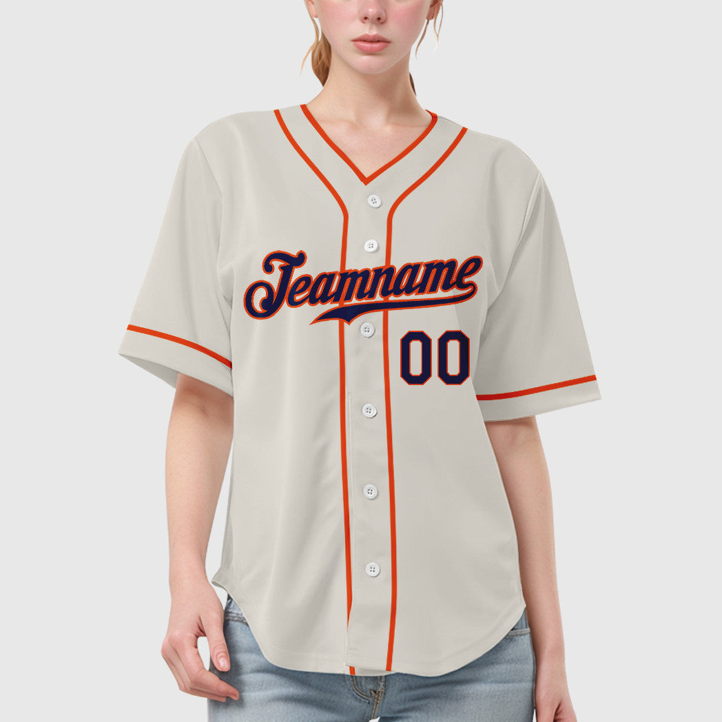 Custom Cream Navy Orange Piping Baseball Jersey