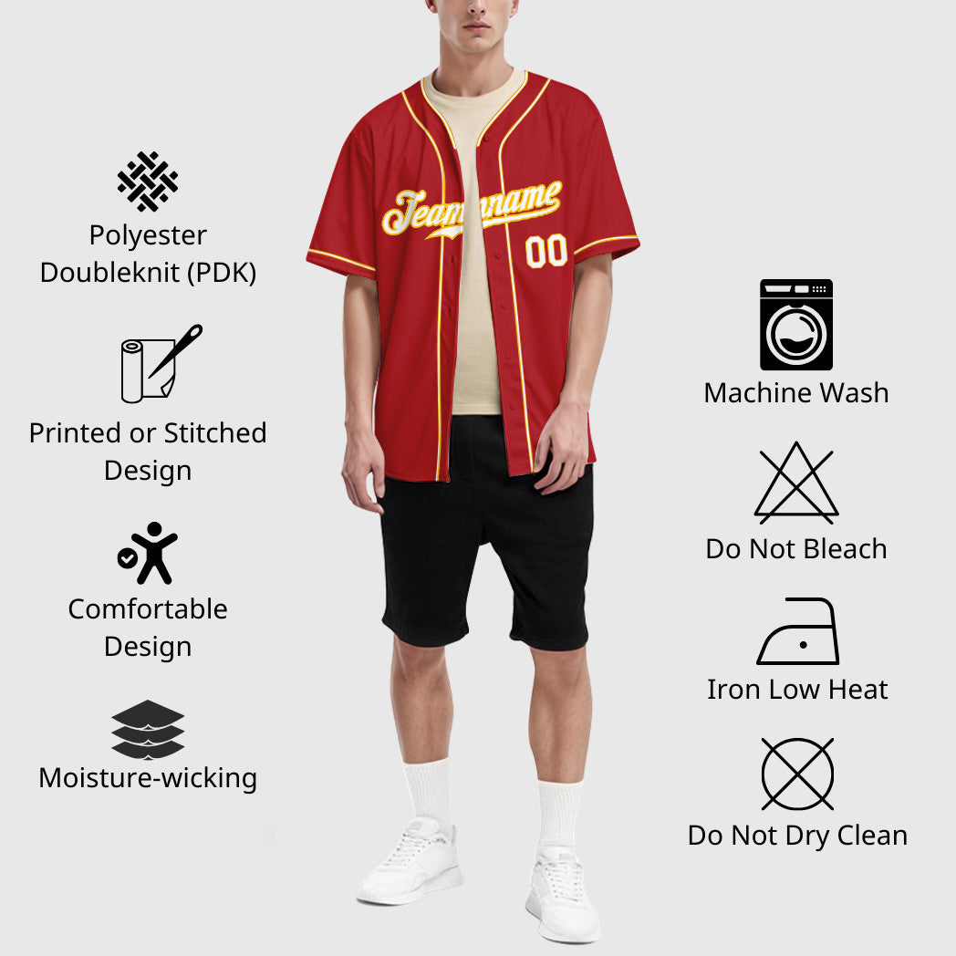 Custom Red Gold White-Gold Piping Baseball Jersey