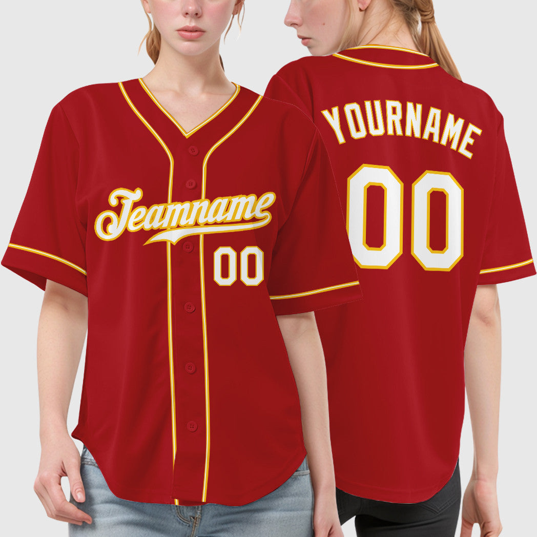 Custom Red Gold White-Gold Piping Baseball Jersey