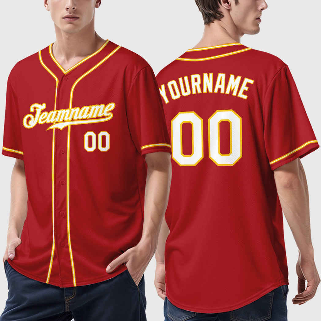 Custom Red Gold White-Gold Piping Baseball Jersey