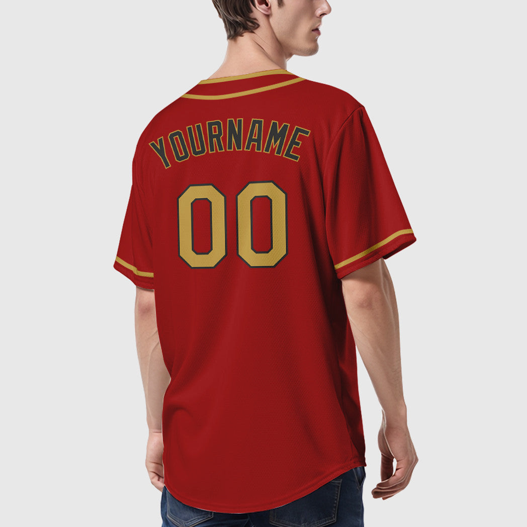 Custom Red Black Old Gold Piping Baseball Jersey