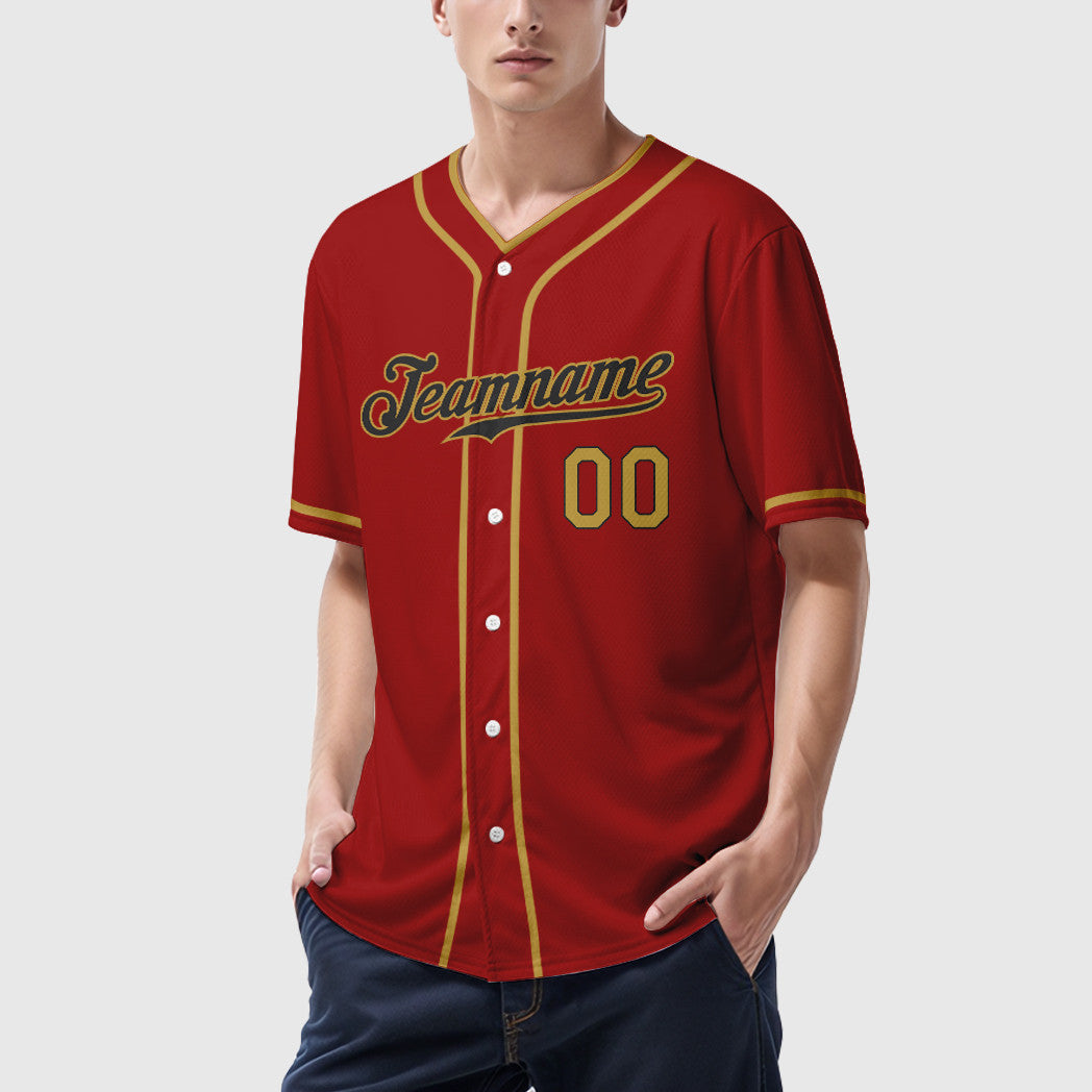 Custom Red Black Old Gold Piping Baseball Jersey