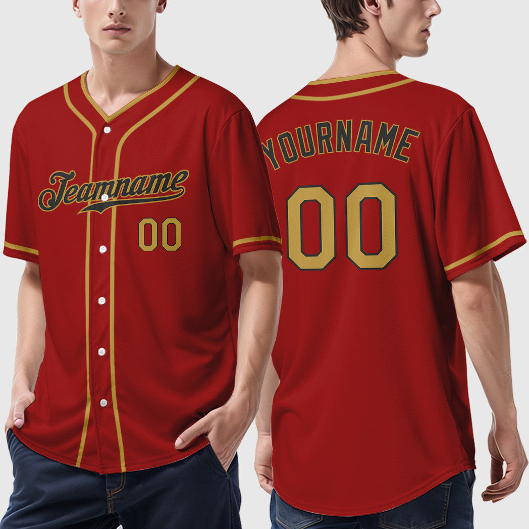 Custom Red Black Old Gold Piping Baseball Jersey