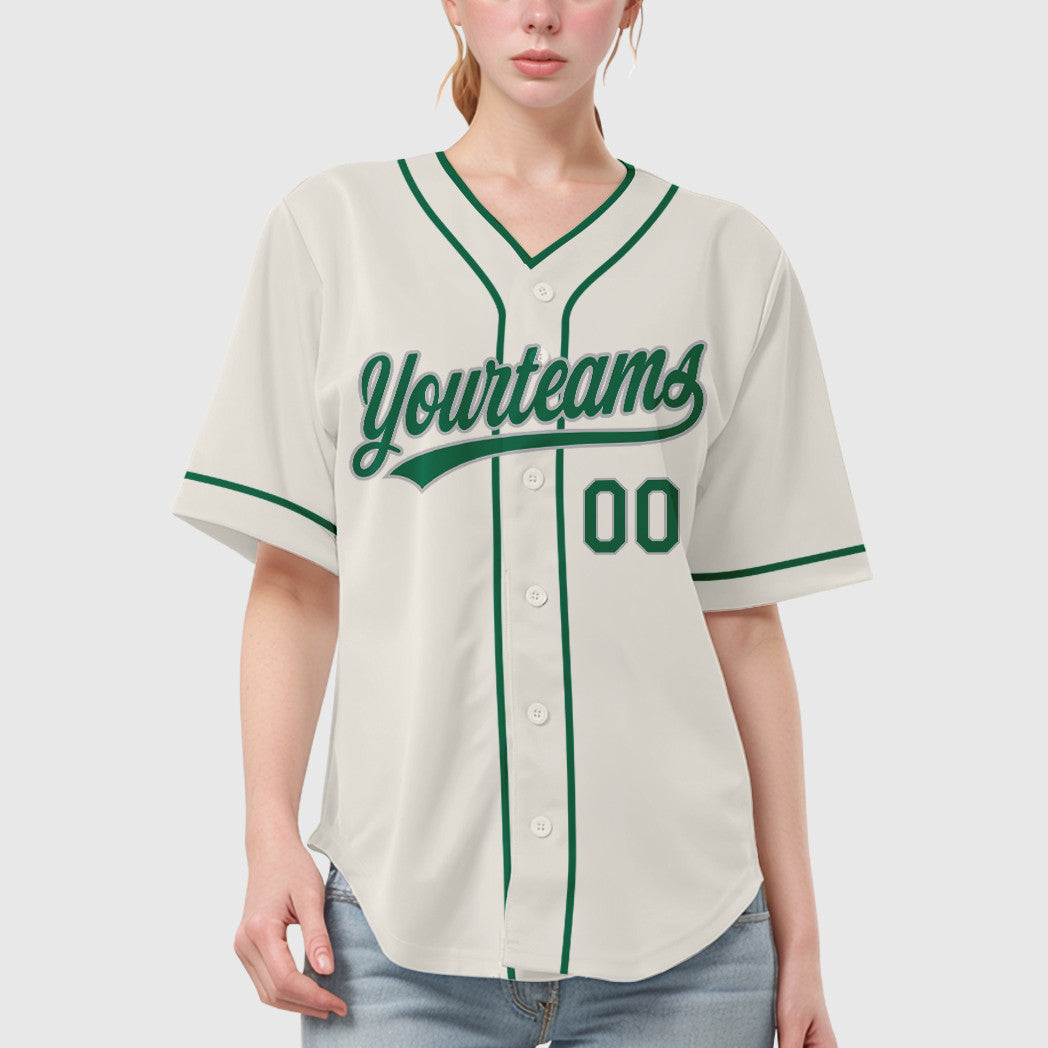 Custom Cream Gray Kelly Green Piping Baseball Jersey