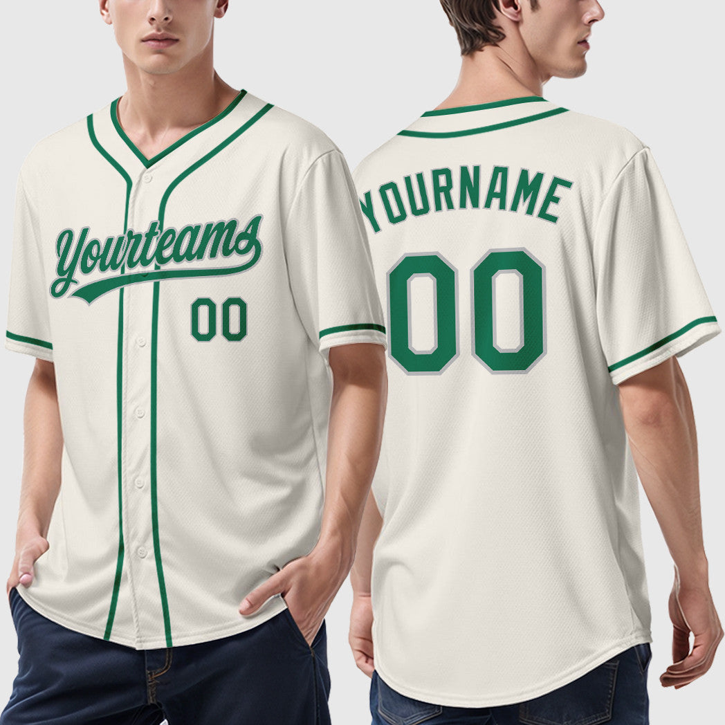 Custom Cream Gray Kelly Green Piping Baseball Jersey