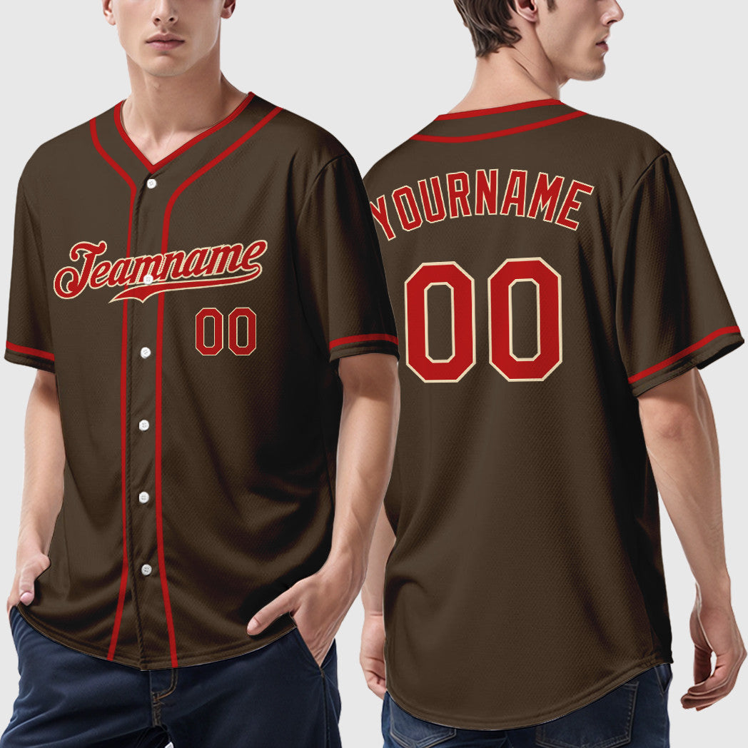 Custom Brown Cream Red-Cream Piping Baseball Jersey