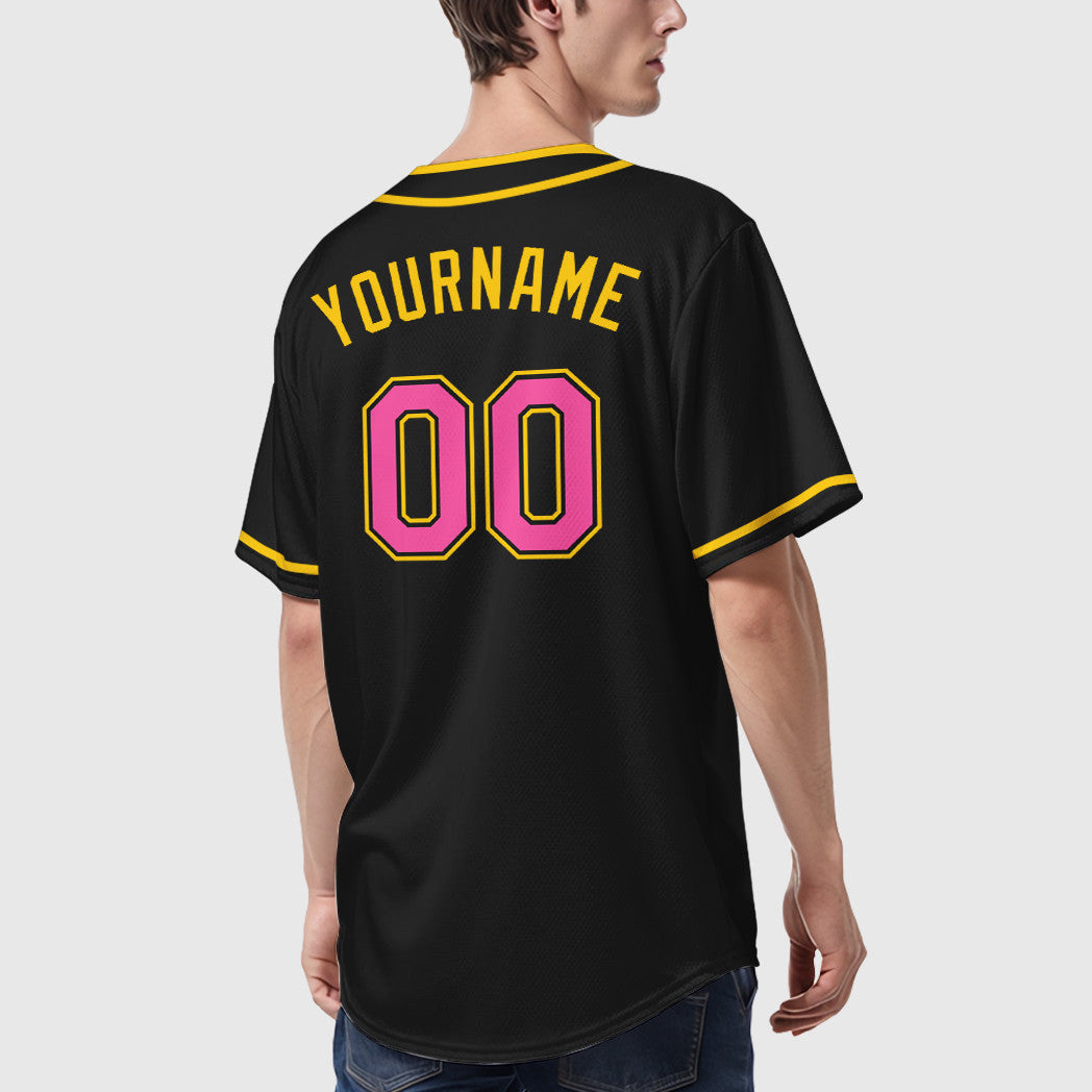 Custom Black Pink Pink-Yellow Piping Baseball Jersey