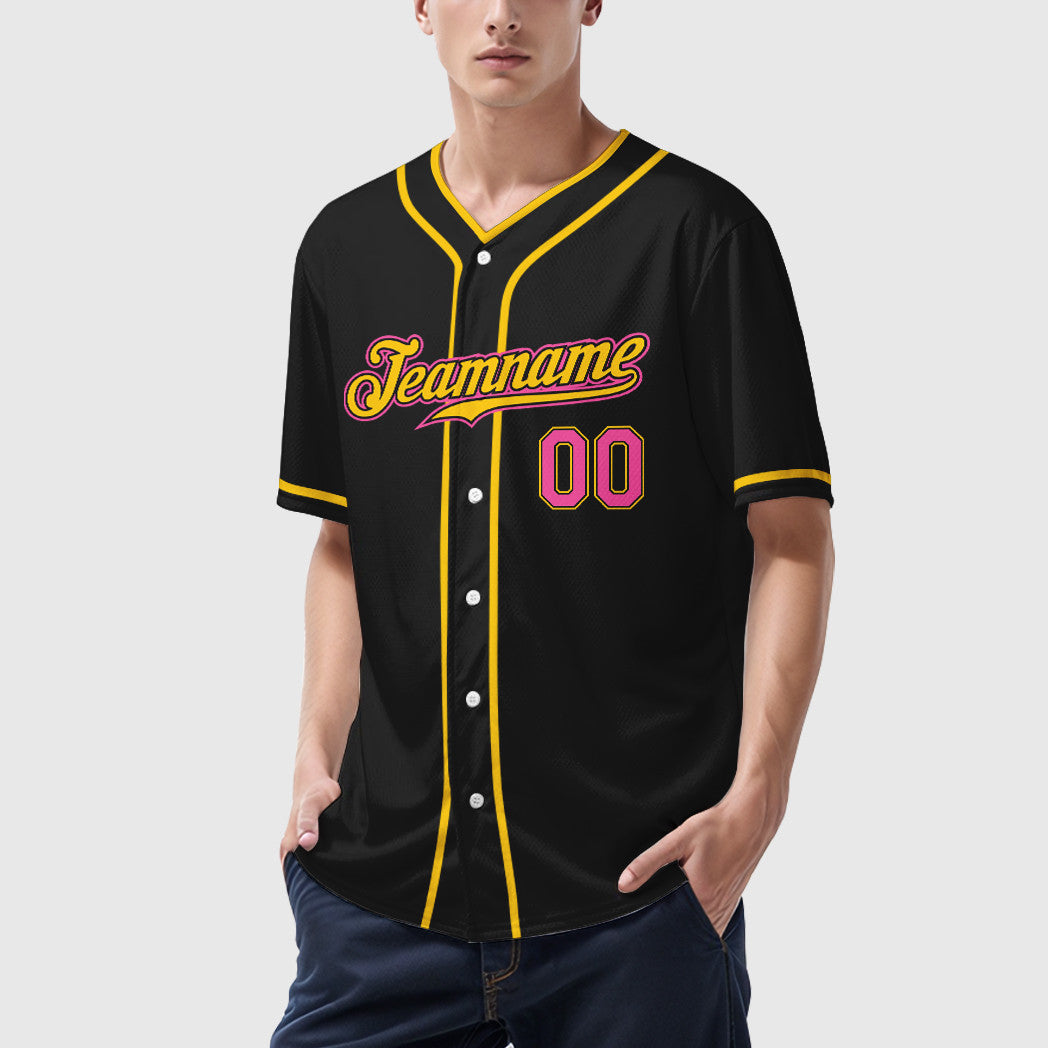 Custom Black Pink Pink-Yellow Piping Baseball Jersey