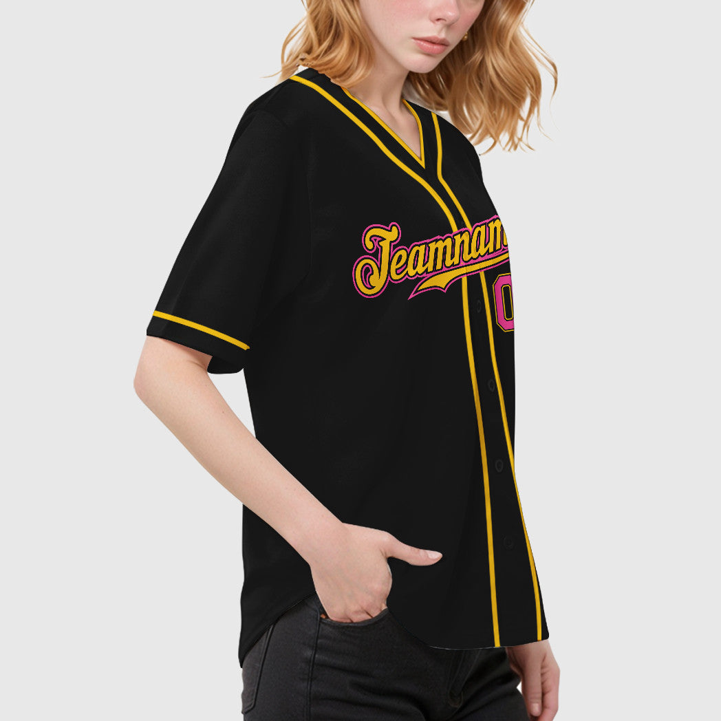 Custom Black Pink Pink-Yellow Piping Baseball Jersey