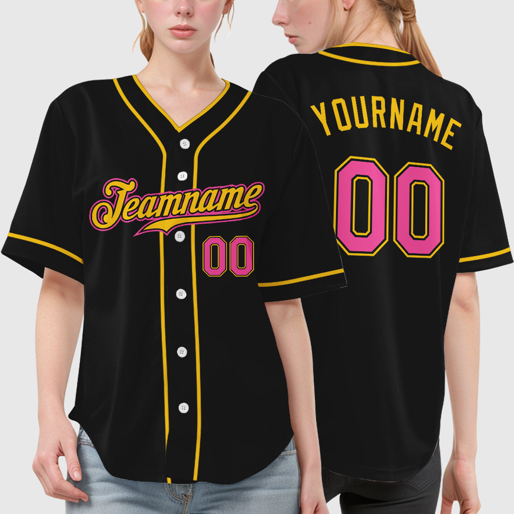 Custom Black Pink Pink-Yellow Piping Baseball Jersey