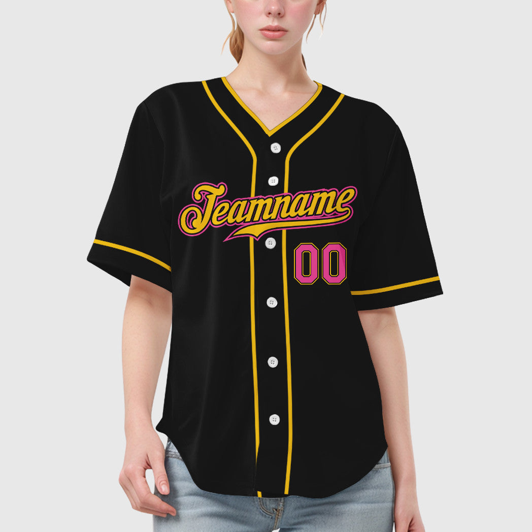 Custom Black Pink Pink-Yellow Piping Baseball Jersey