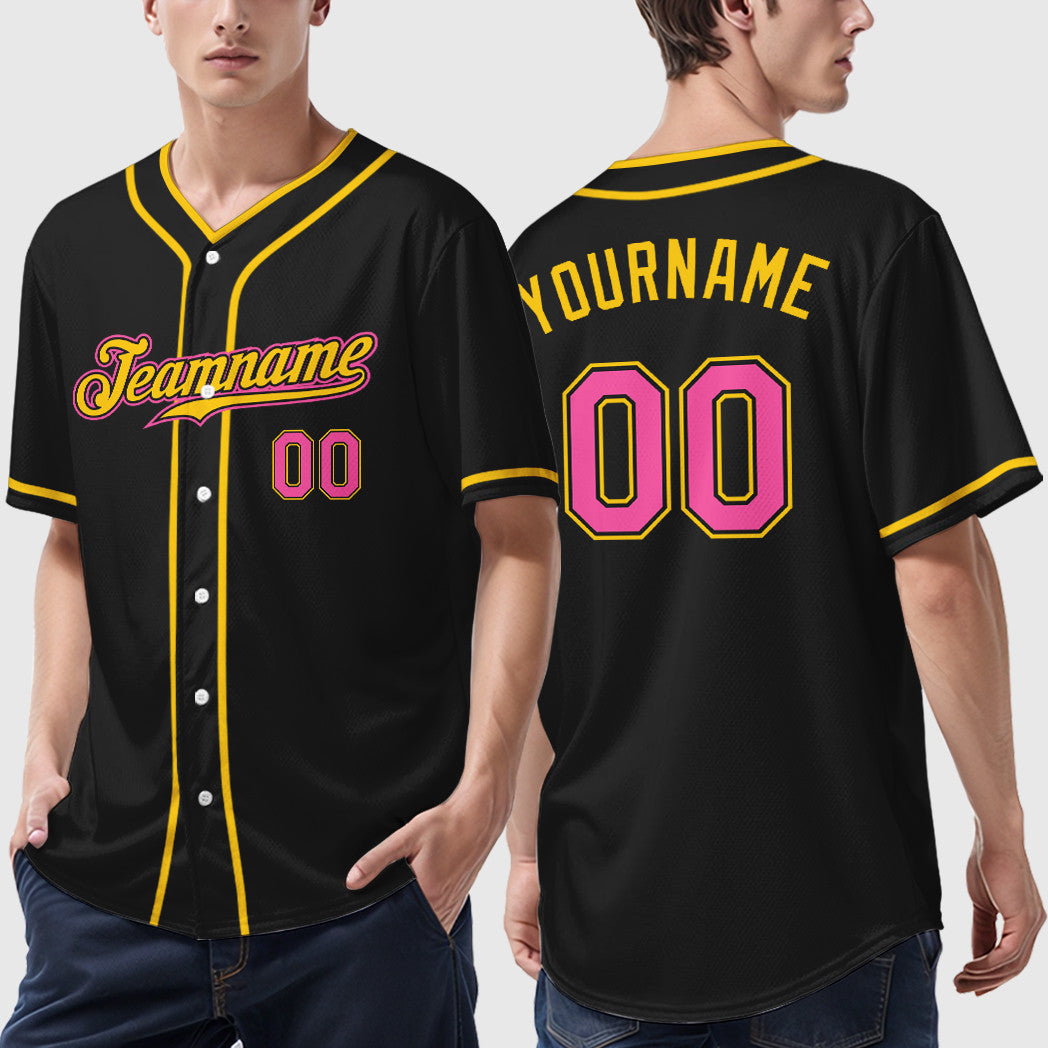 Custom Black Pink Pink-Yellow Piping Baseball Jersey