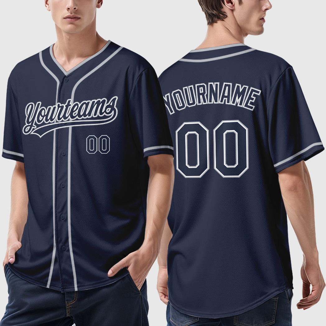 Custom Navy White Gray Piping Baseball Jersey