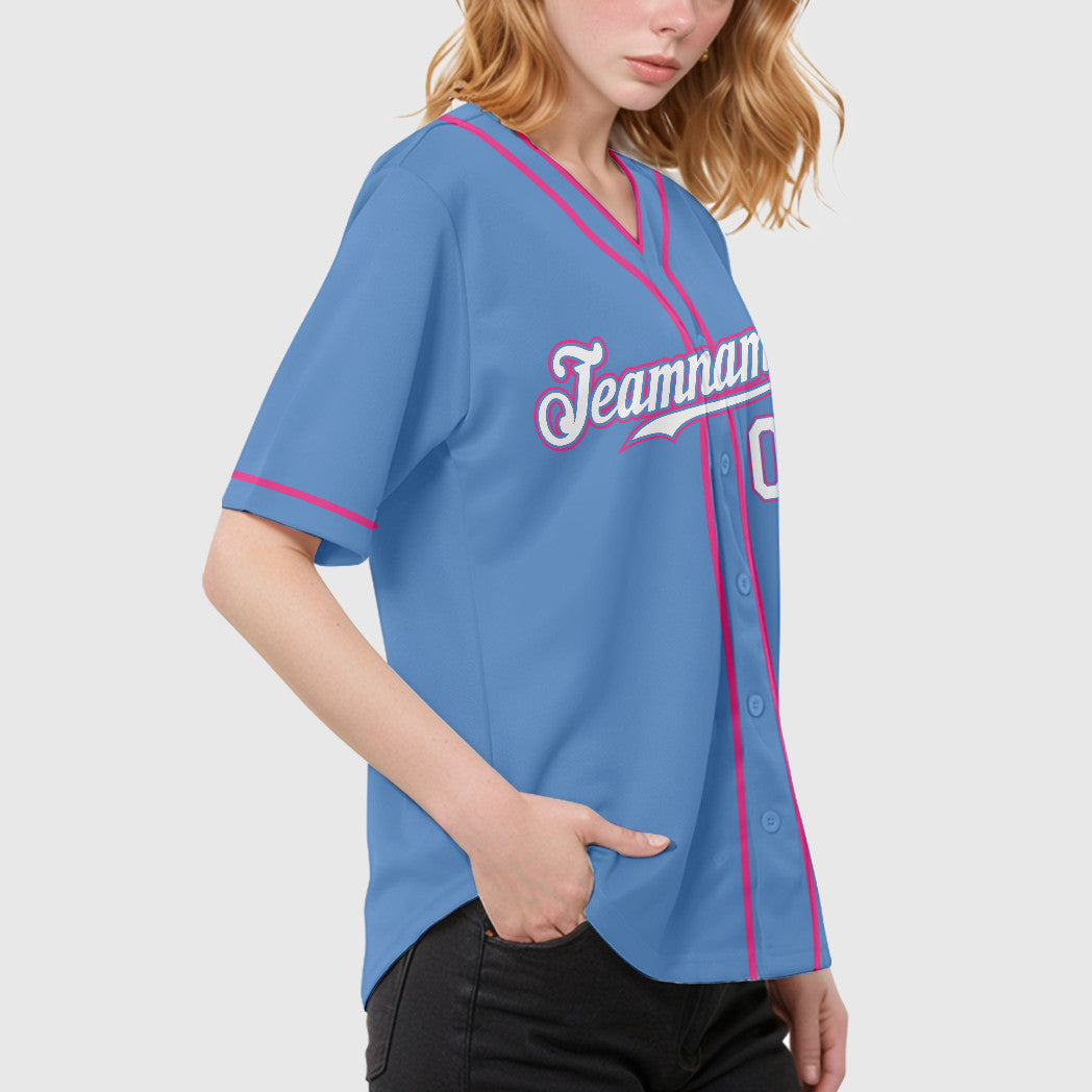 Custom Light Blue White Pink Piping Baseball Jersey