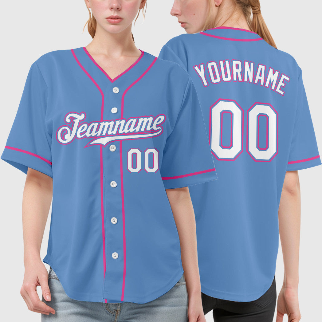 Custom Light Blue White Pink Piping Baseball Jersey