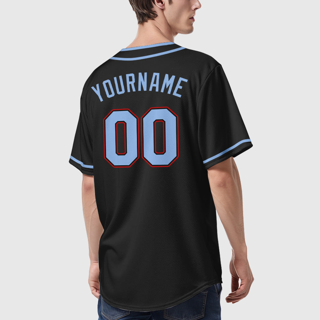 Custom Black Light Blue Red Piping Baseball Jersey