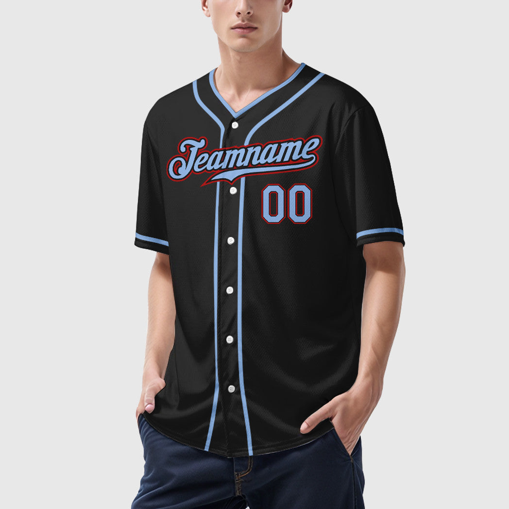 Custom Black Light Blue Red Piping Baseball Jersey