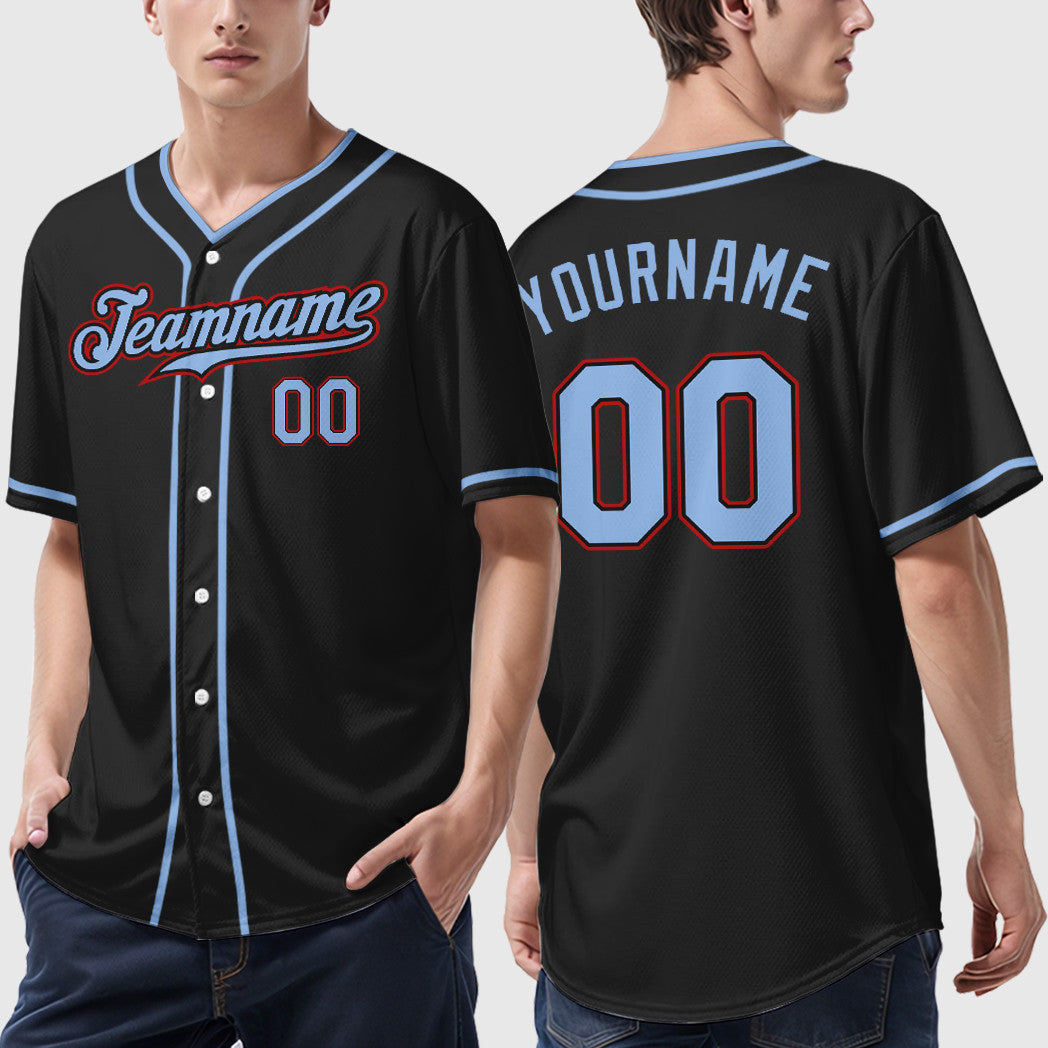 Custom Black Light Blue Red Piping Baseball Jersey