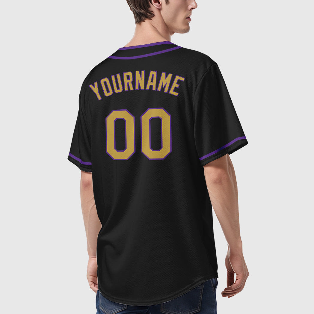 Custom Black Old Gold Old Gold-Purple Piping Baseball Jersey