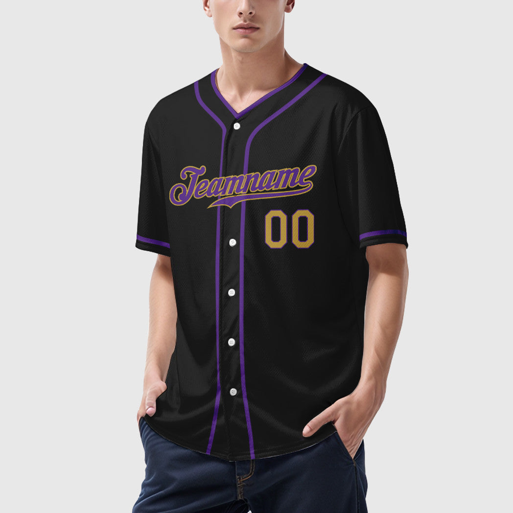 Custom Black Old Gold Old Gold-Purple Piping Baseball Jersey