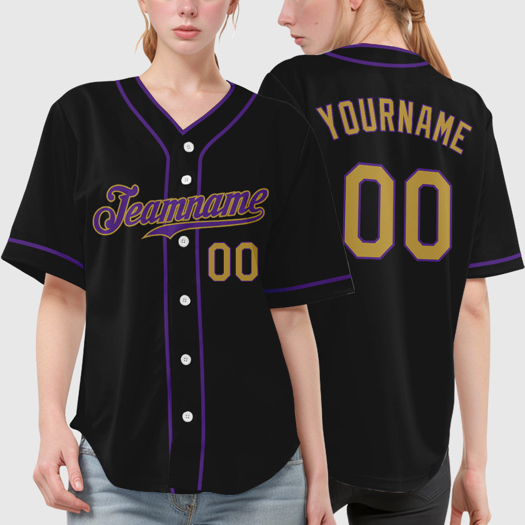 Custom Black Old Gold Old Gold-Purple Piping Baseball Jersey