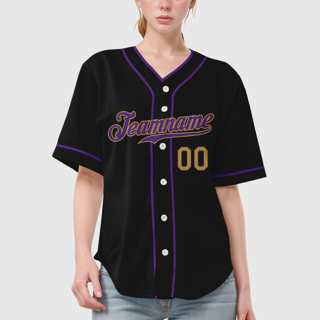Custom Black Old Gold Old Gold-Purple Piping Baseball Jersey