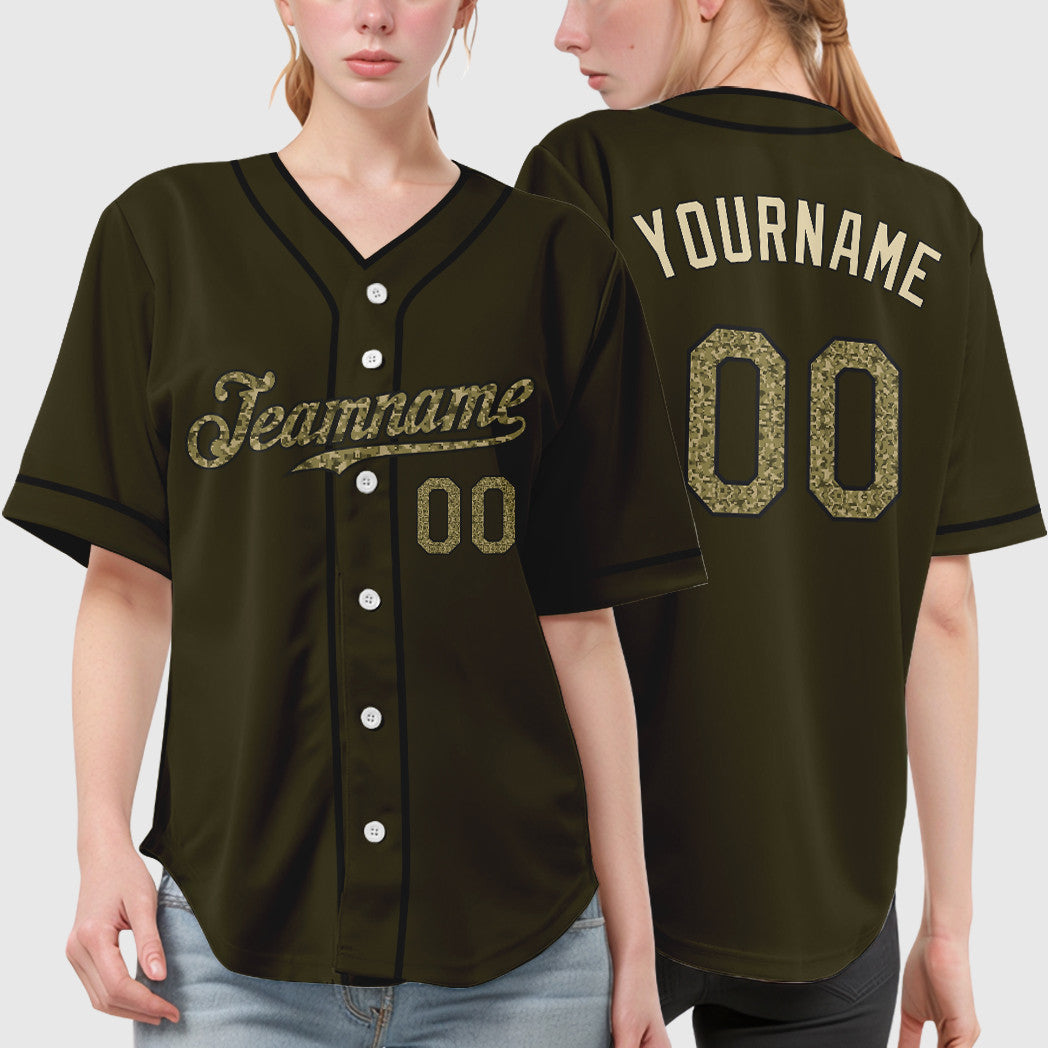 Custom Olive City Cream Camo-Black Piping Salute To Service Baseball Jersey