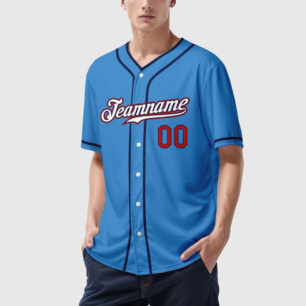 Custom Powder Blue Red White-Navy Piping Baseball Jersey