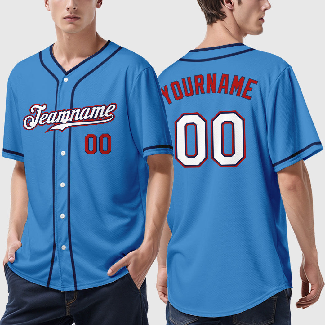 Custom Powder Blue Red White-Navy Piping Baseball Jersey