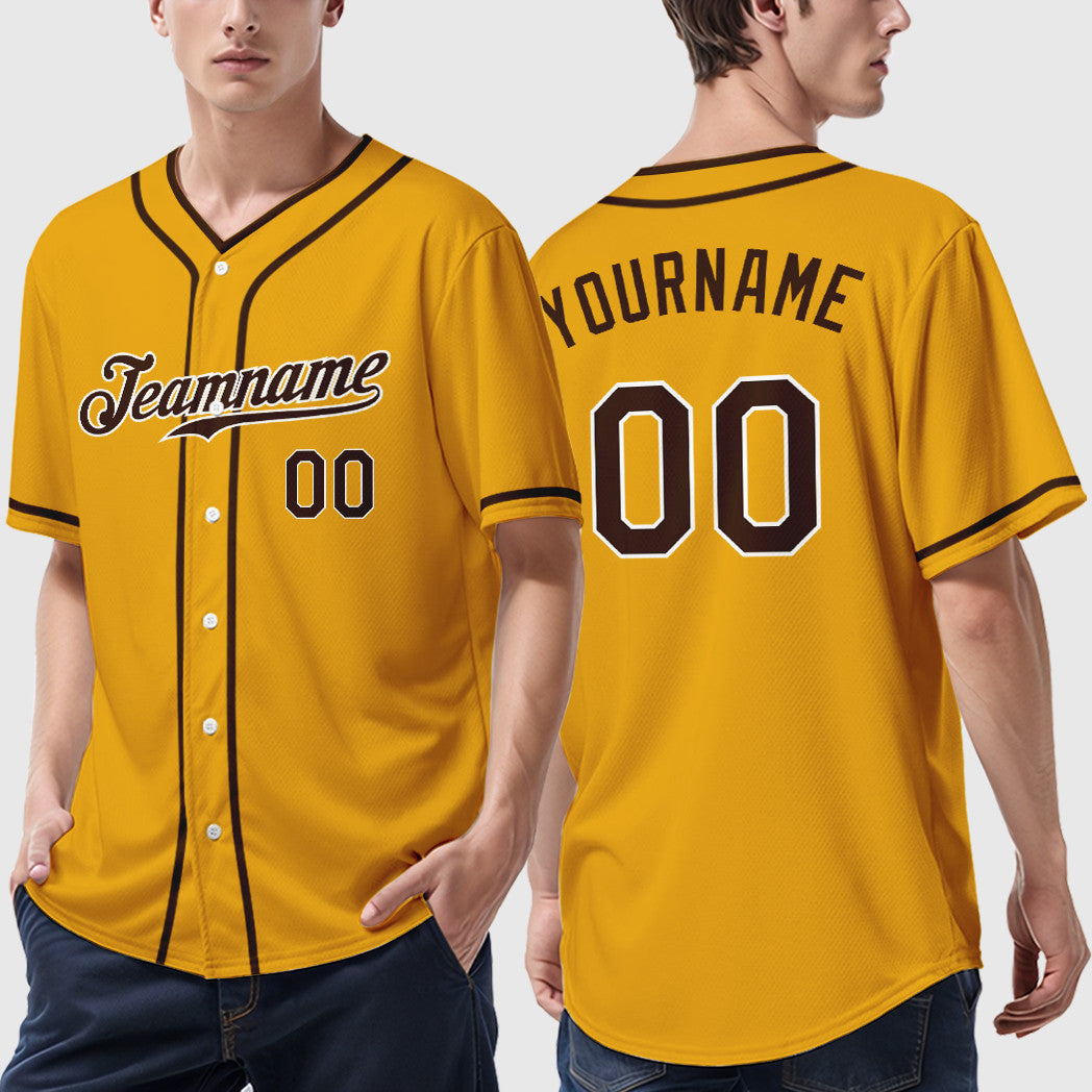 Custom Gold Brown Brown-White Piping Baseball Jersey