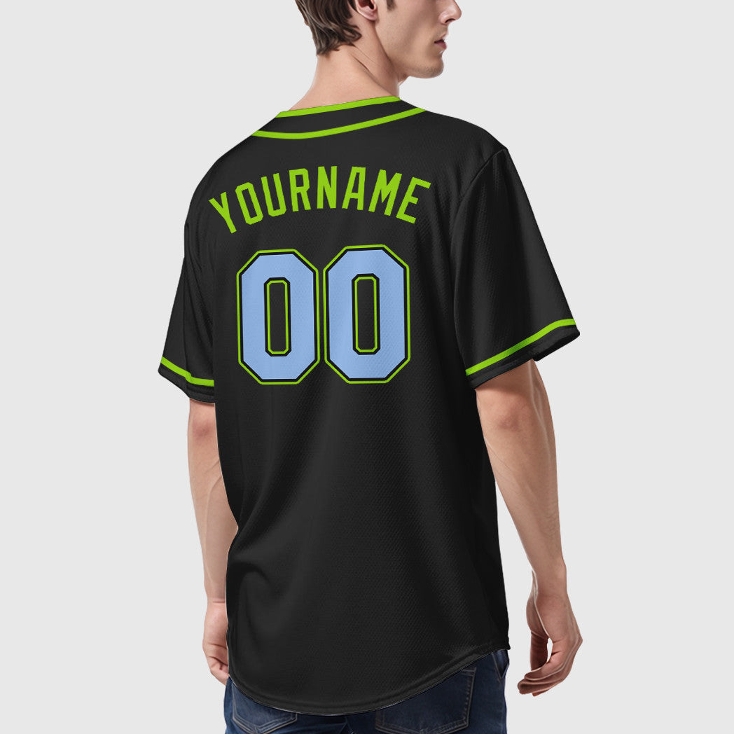 Custom Black Light Blue Light Blue-Neon Green Piping Baseball Jersey