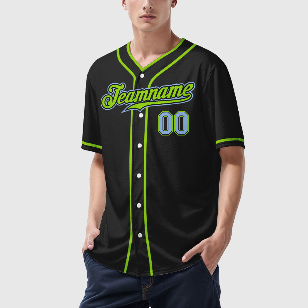 Custom Black Light Blue Light Blue-Neon Green Piping Baseball Jersey