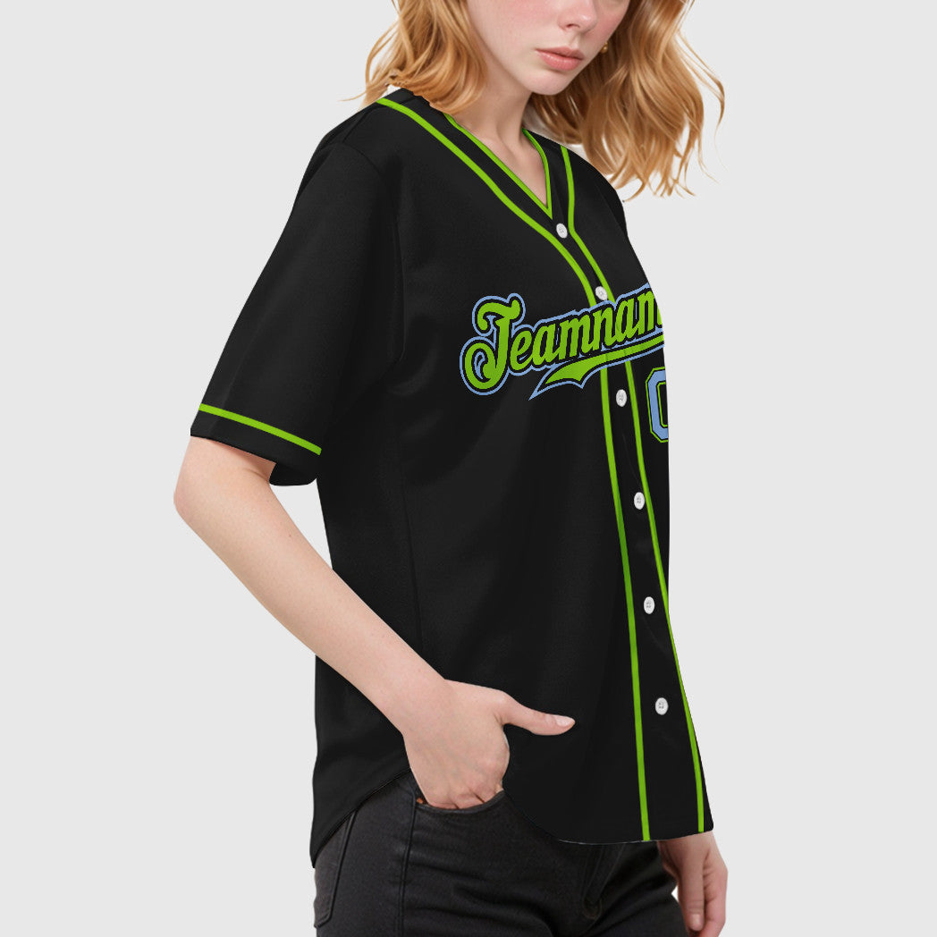 Custom Black Light Blue Light Blue-Neon Green Piping Baseball Jersey