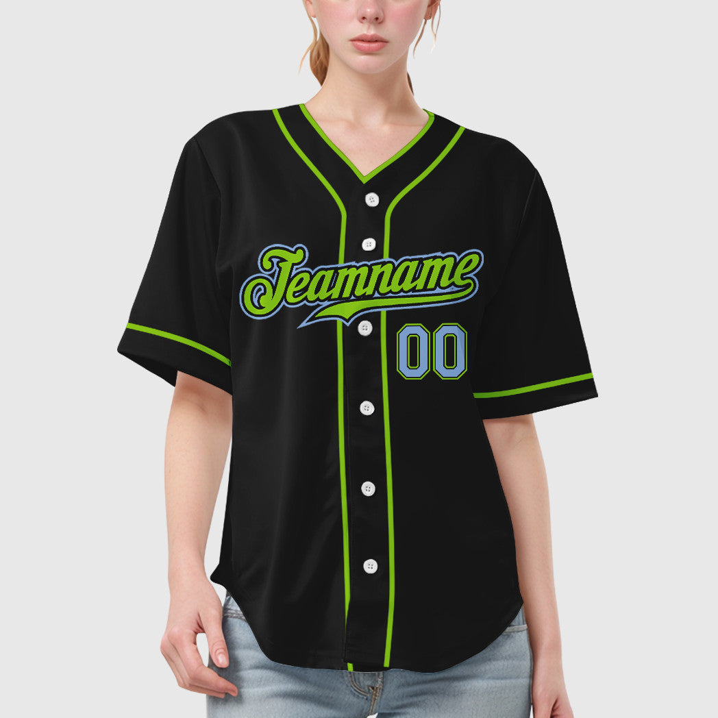 Custom Black Light Blue Light Blue-Neon Green Piping Baseball Jersey