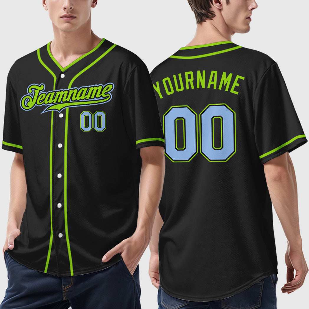 Custom Black Light Blue Light Blue-Neon Green Piping Baseball Jersey
