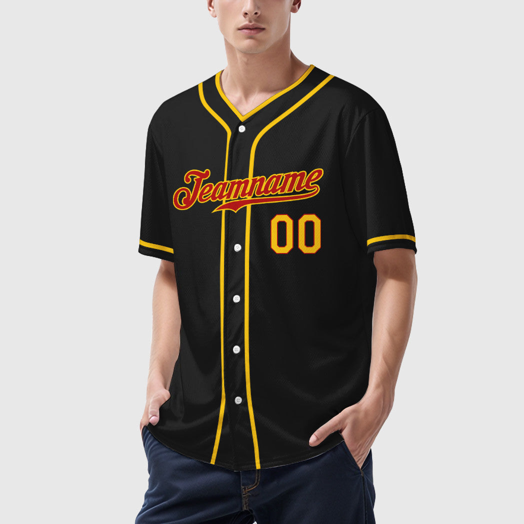 Custom Black Red Red-Yellow Piping Baseball Jersey