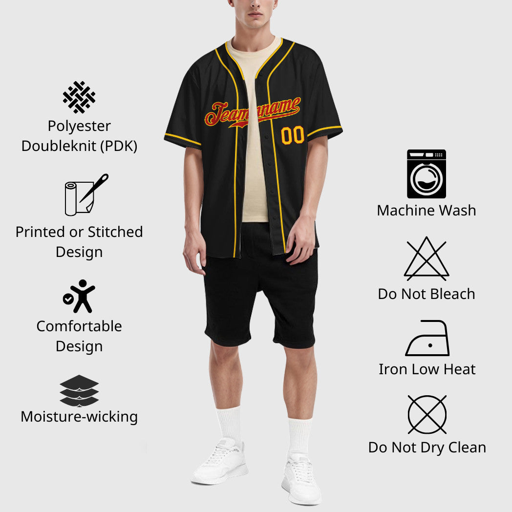 Custom Black Red Red-Yellow Piping Baseball Jersey