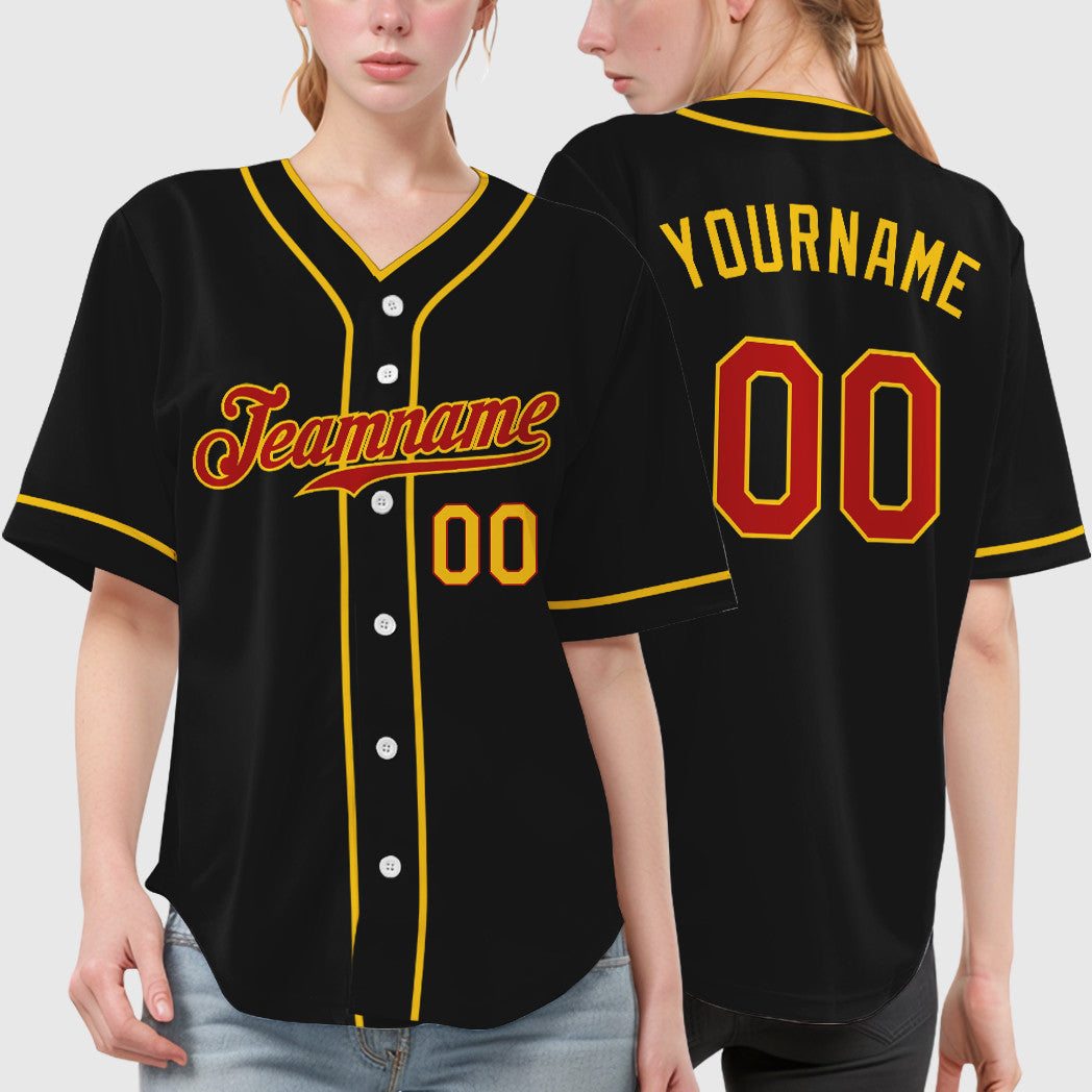 Custom Black Red Red-Yellow Piping Baseball Jersey