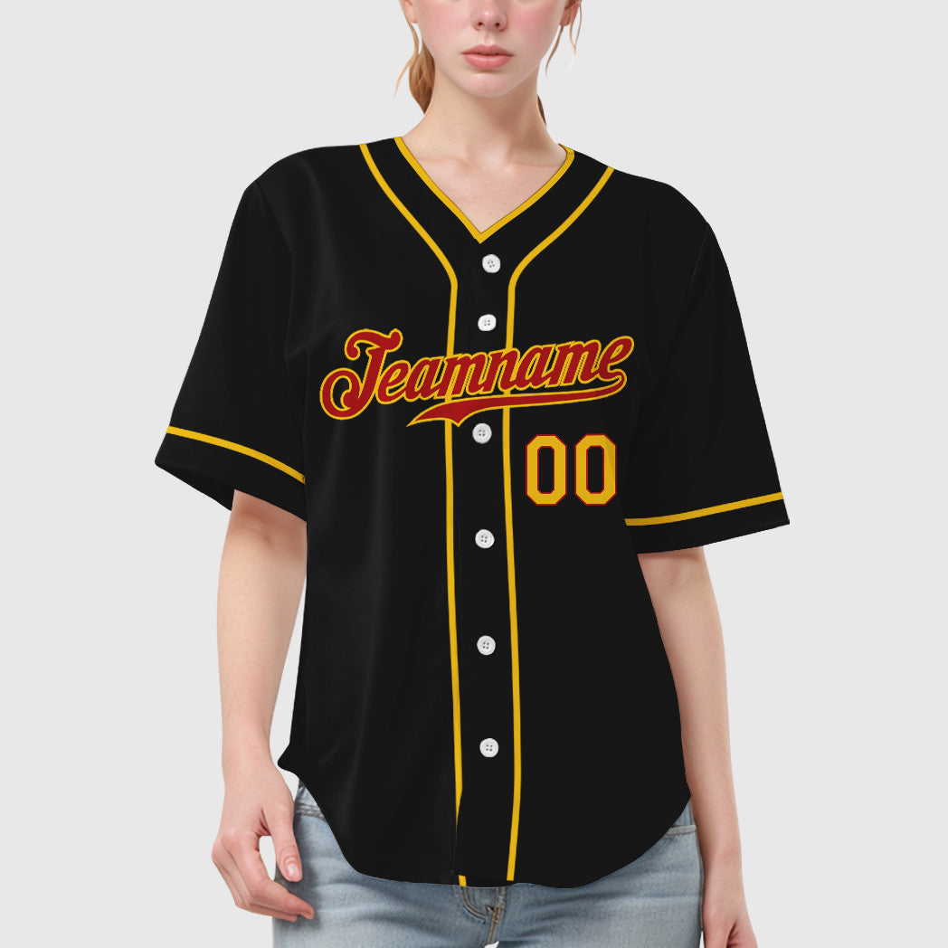Custom Black Red Red-Yellow Piping Baseball Jersey