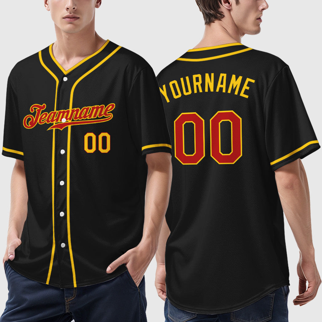 Custom Black Red Red-Yellow Piping Baseball Jersey