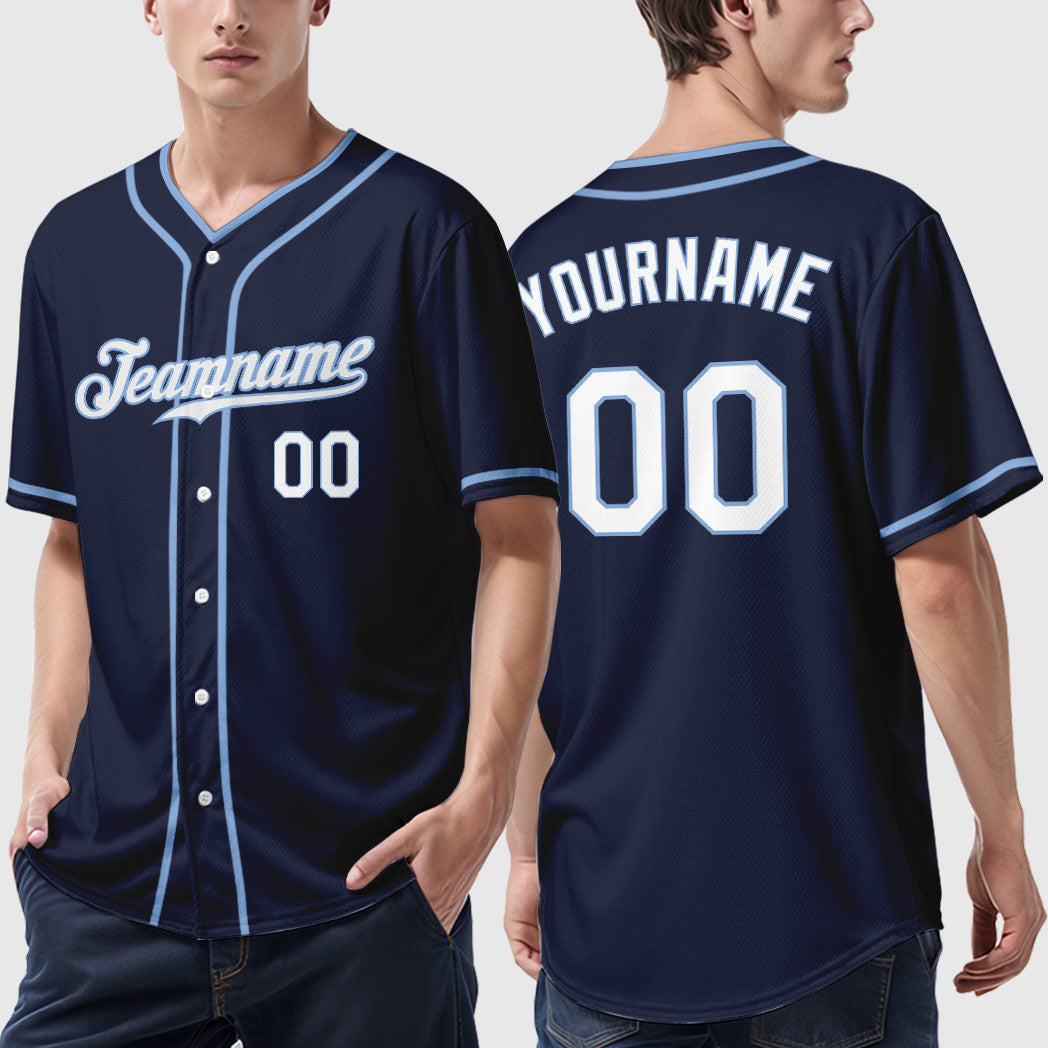 Custom Navy White White-Light Blue Piping Baseball Jersey