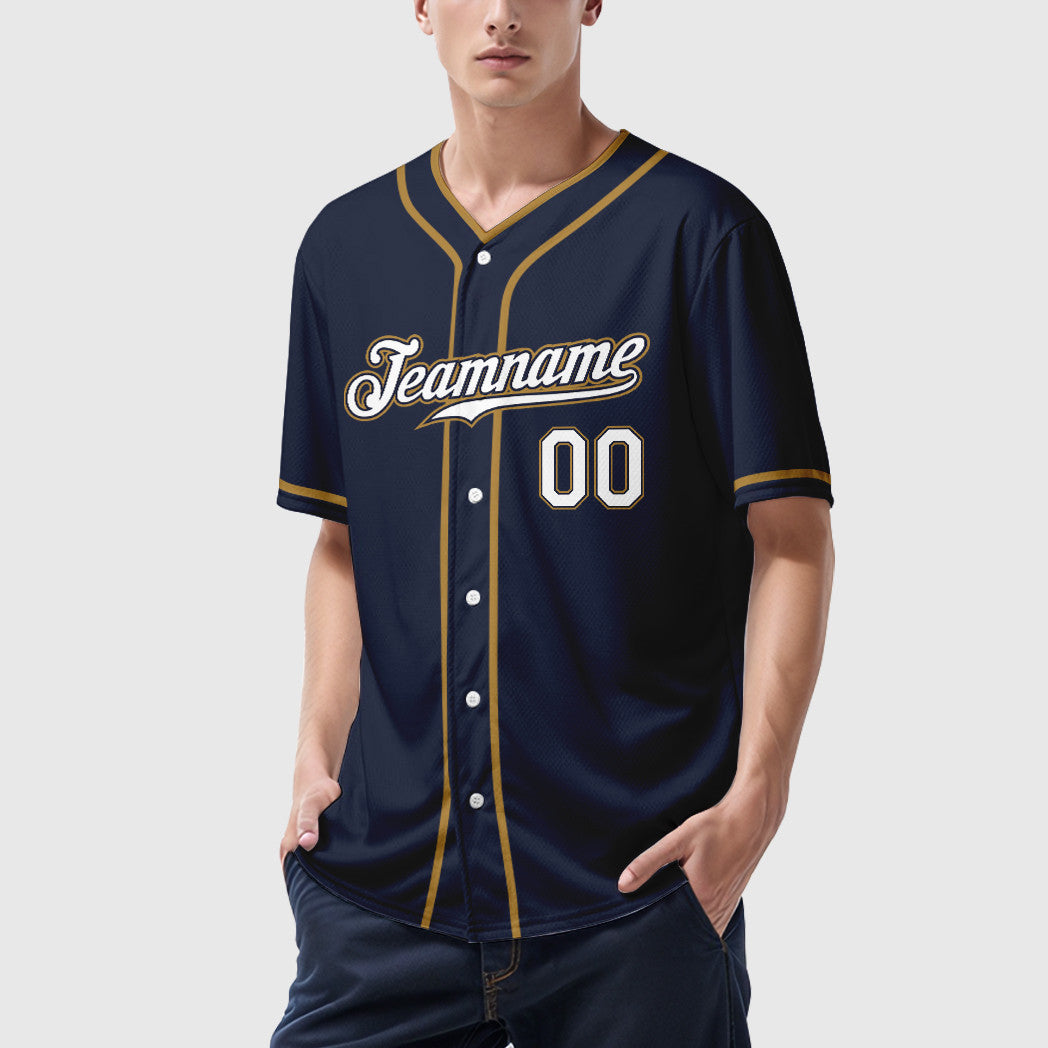 Custom Navy White White-Old Gold Piping Baseball Jersey