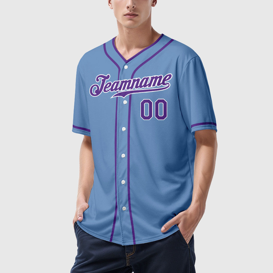 Custom Powder Blue White Purple Piping Baseball Jersey