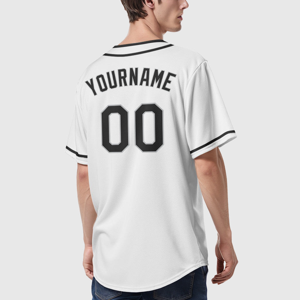 Custom White Black Black-Gray Piping Baseball Jersey