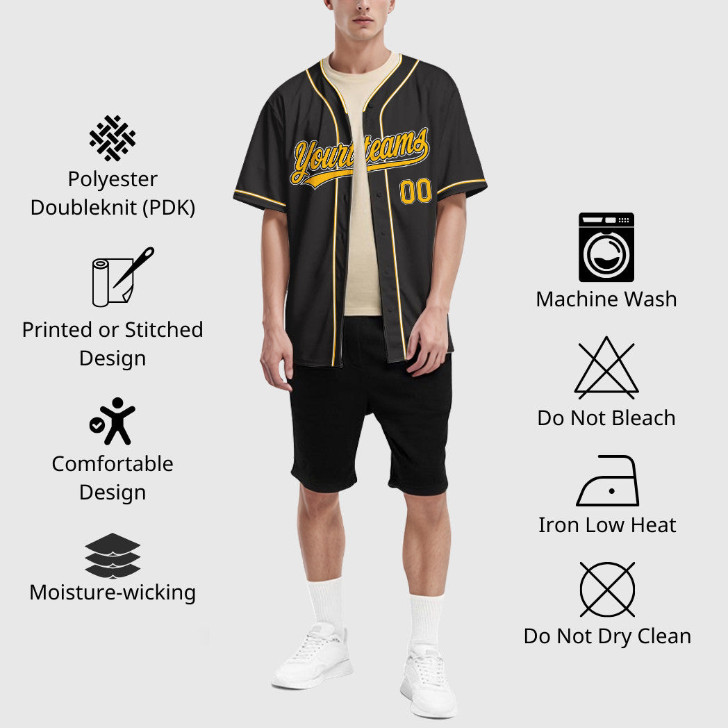 Custom Black Gold Gold-White Piping Baseball Jersey