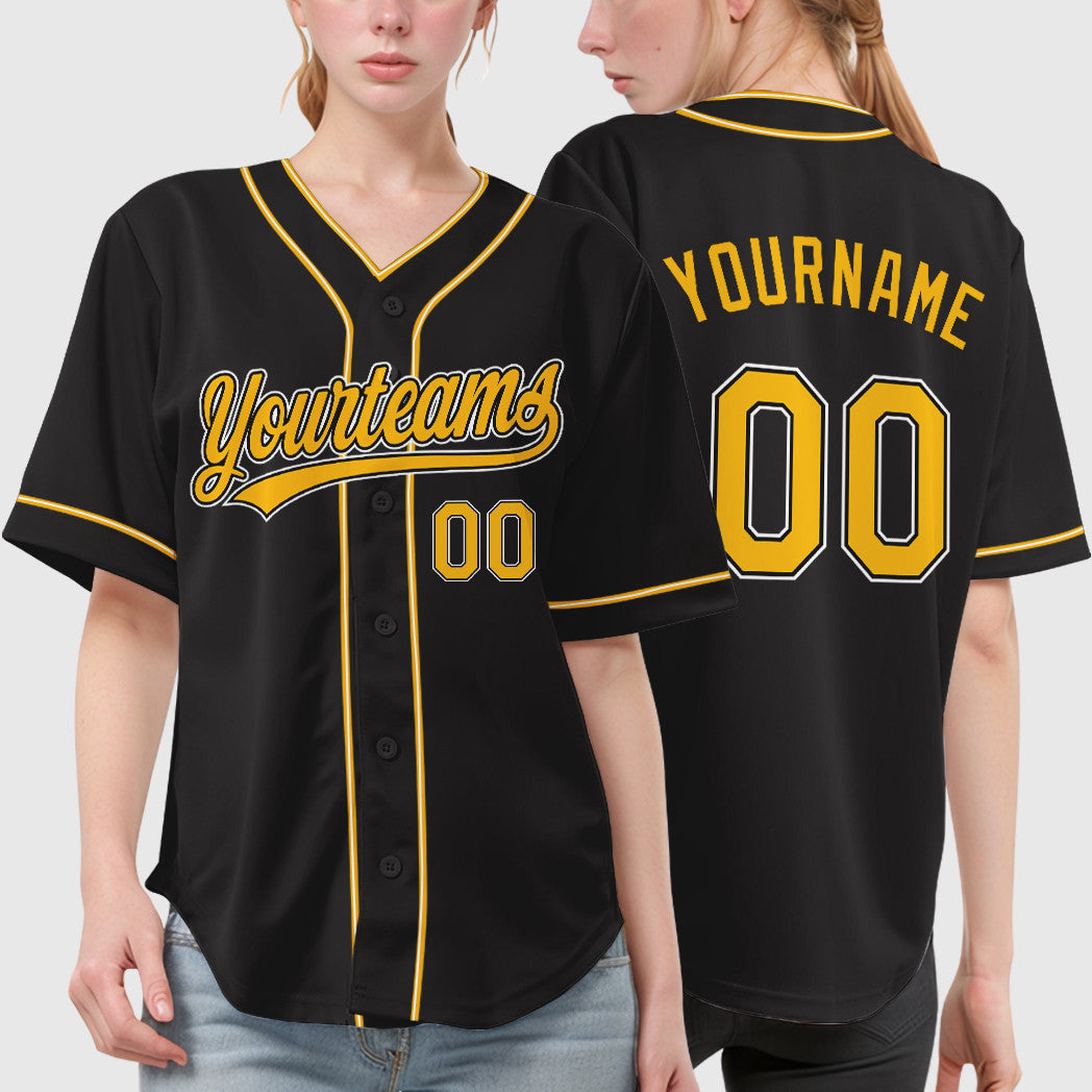 Custom Black Gold Gold-White Piping Baseball Jersey