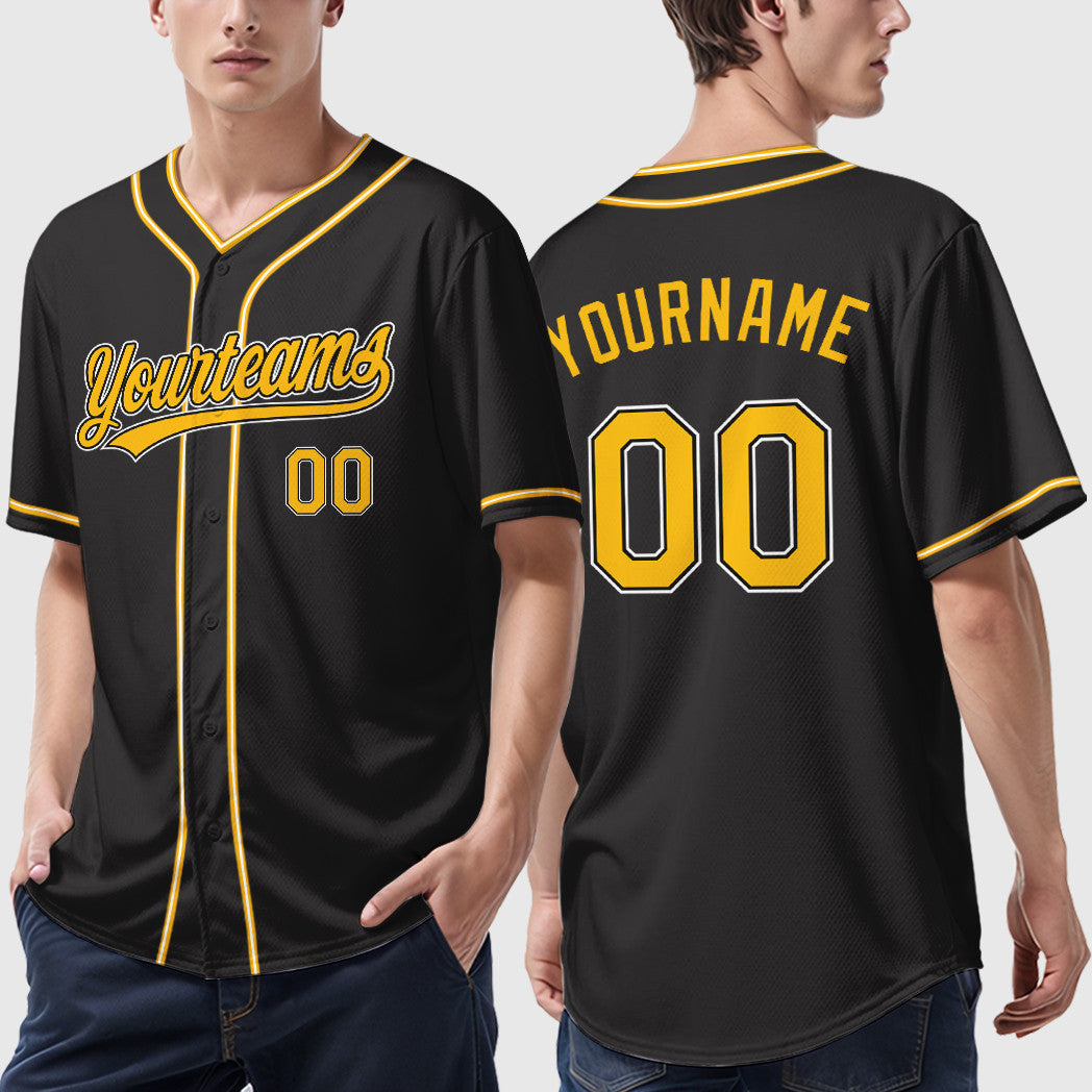 Custom Black Gold Gold-White Piping Baseball Jersey