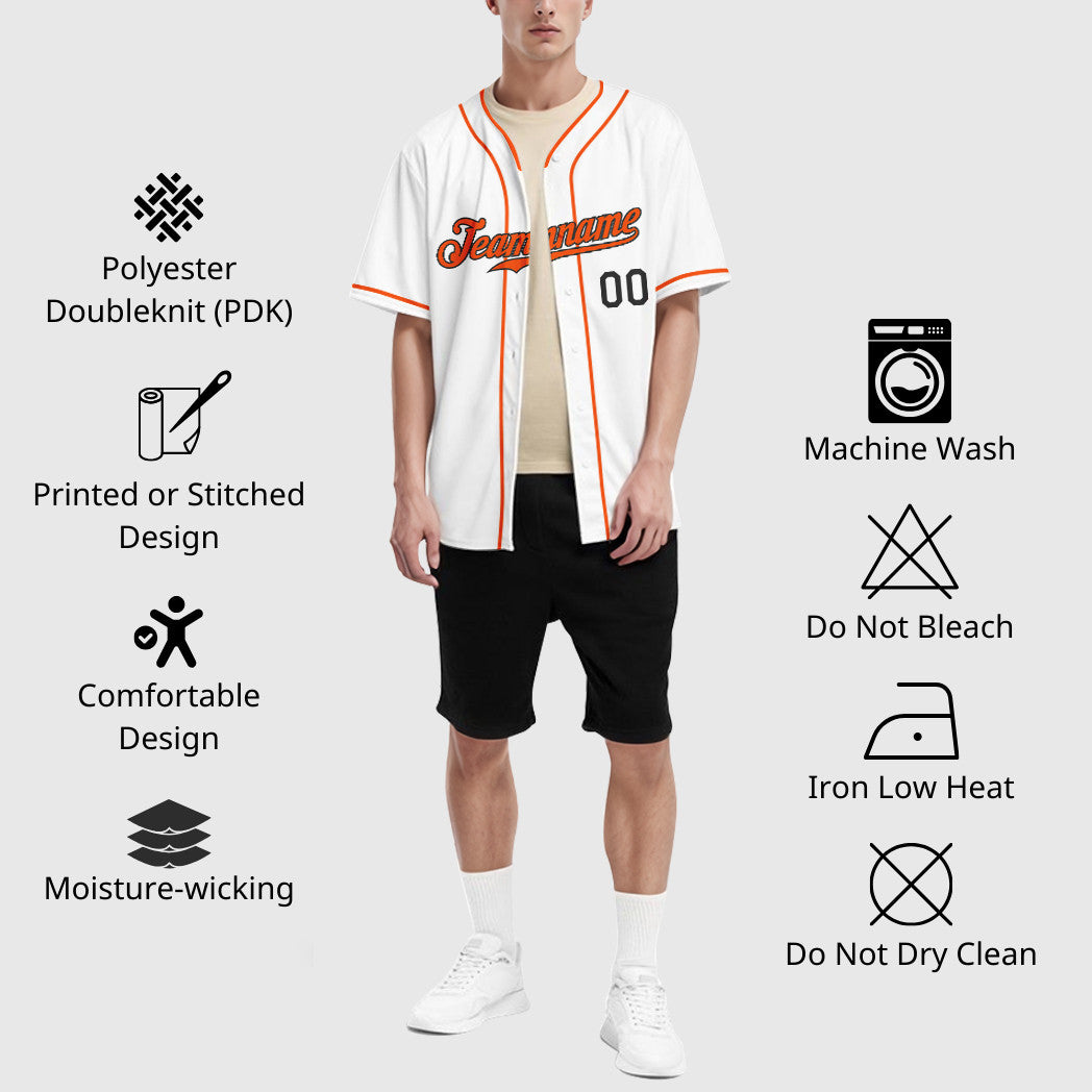 Custom White Black Orange Piping Baseball Jersey