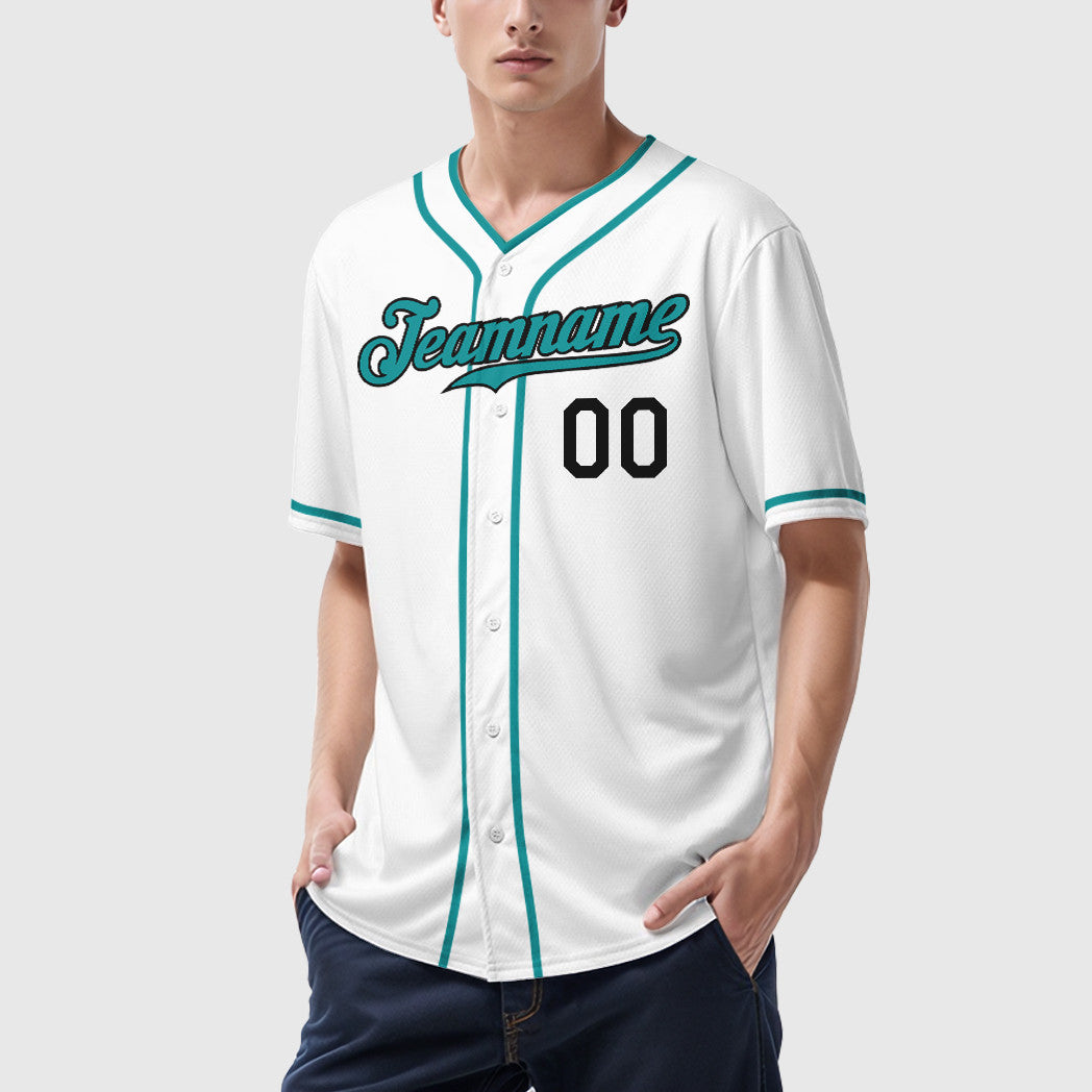Custom White Black Teal Piping Baseball Jersey